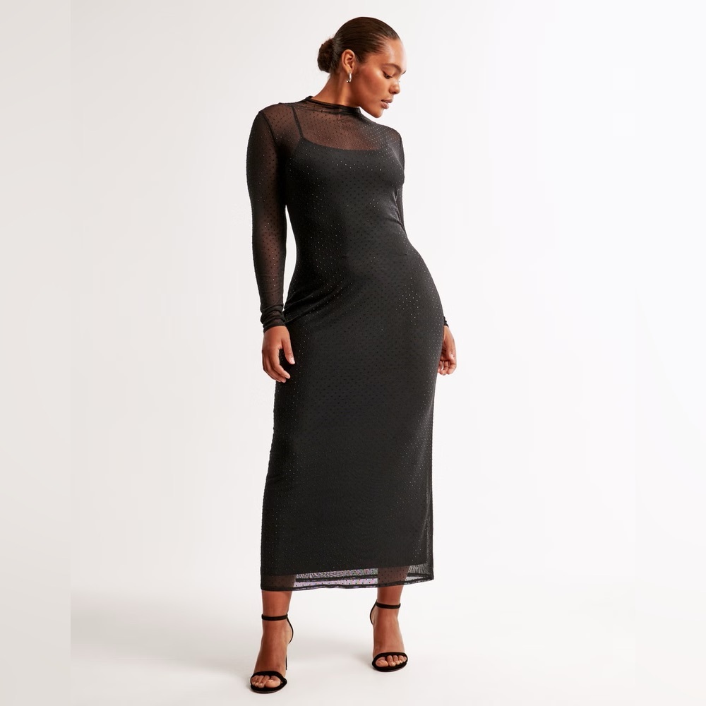 Long-Sleeve Rhinestone Mesh Maxi Dress